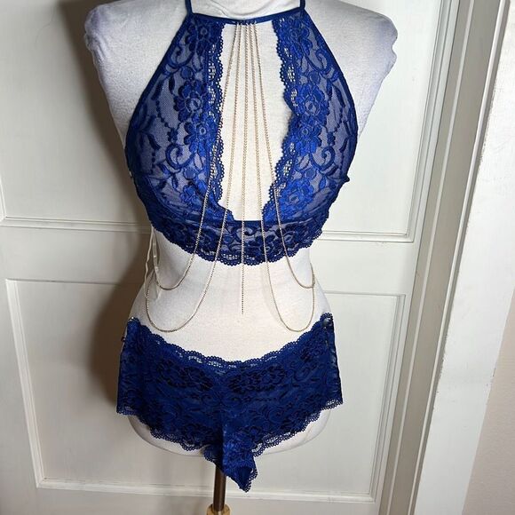 Dreamgirl Blue Lace Halter Bralette & Panty Set gold chain detail Size Small - Picture 1 of 5